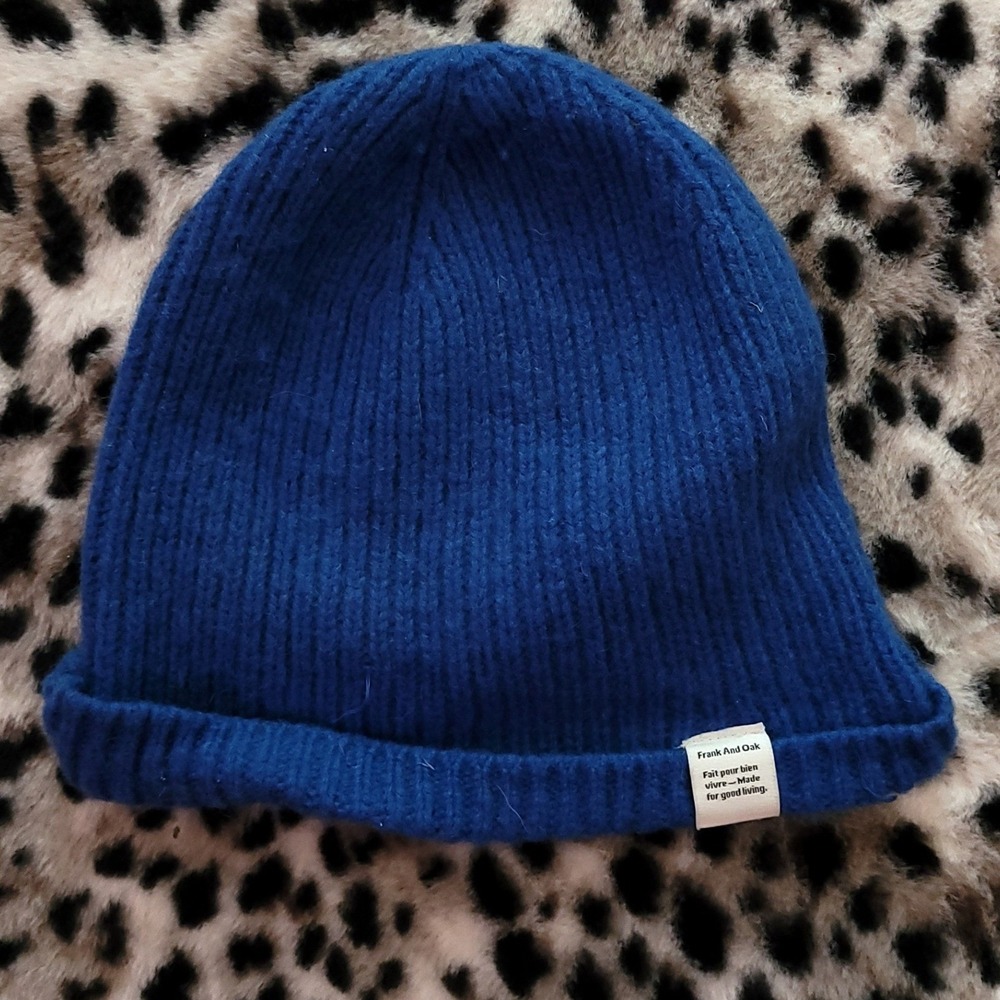 Frank And Oak Blue Ribbed Knit Beanie Winter Hat Folded Cuff Unisex Fall Retro